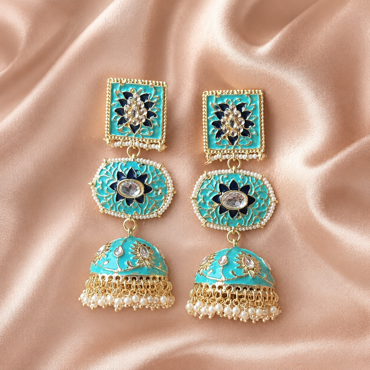 Pitara Kundan Dome-Shaped Jhumki Earrings – Turquoise Blue
