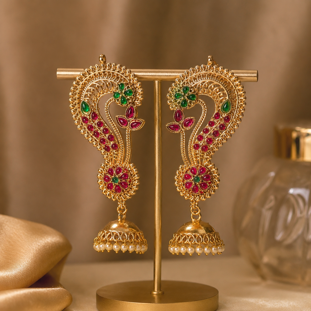Ruby Green Peacock Brass Jhumka Earrings