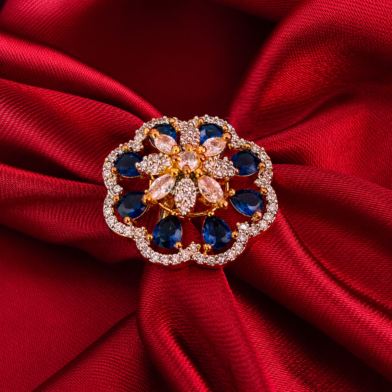 Blue American Diamond Dual-Tone Floral Cocktail Ring