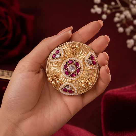 Embossed Floral Kundan-Style Pearl Brass Statement Ring