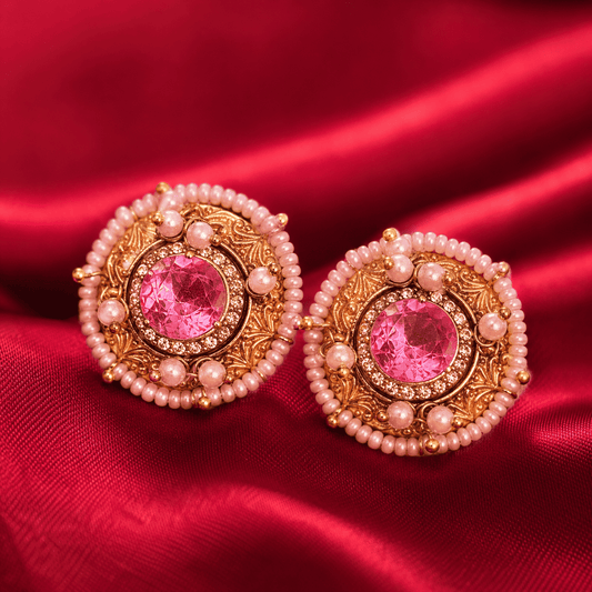 Round Pink Kundan-Style Pearl Brass Stud Earrings
