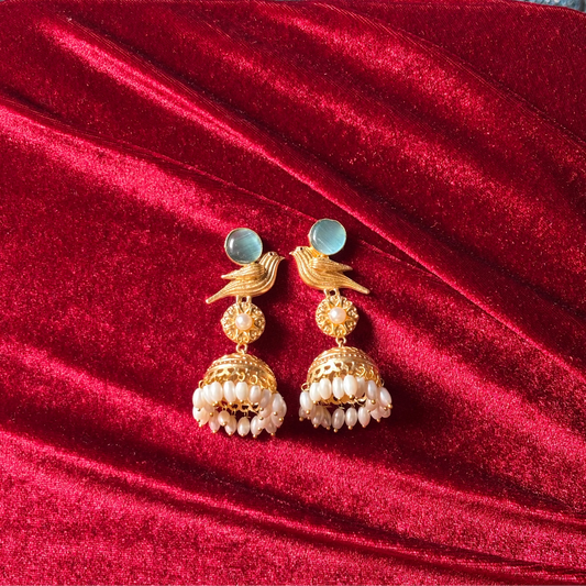 Gul Brass Mint Dove Jhumka Earrings with Pearl Drops