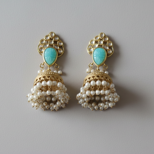 Jodhpuri Brass Green Temple Jhumka Earrings with Pearl Drops