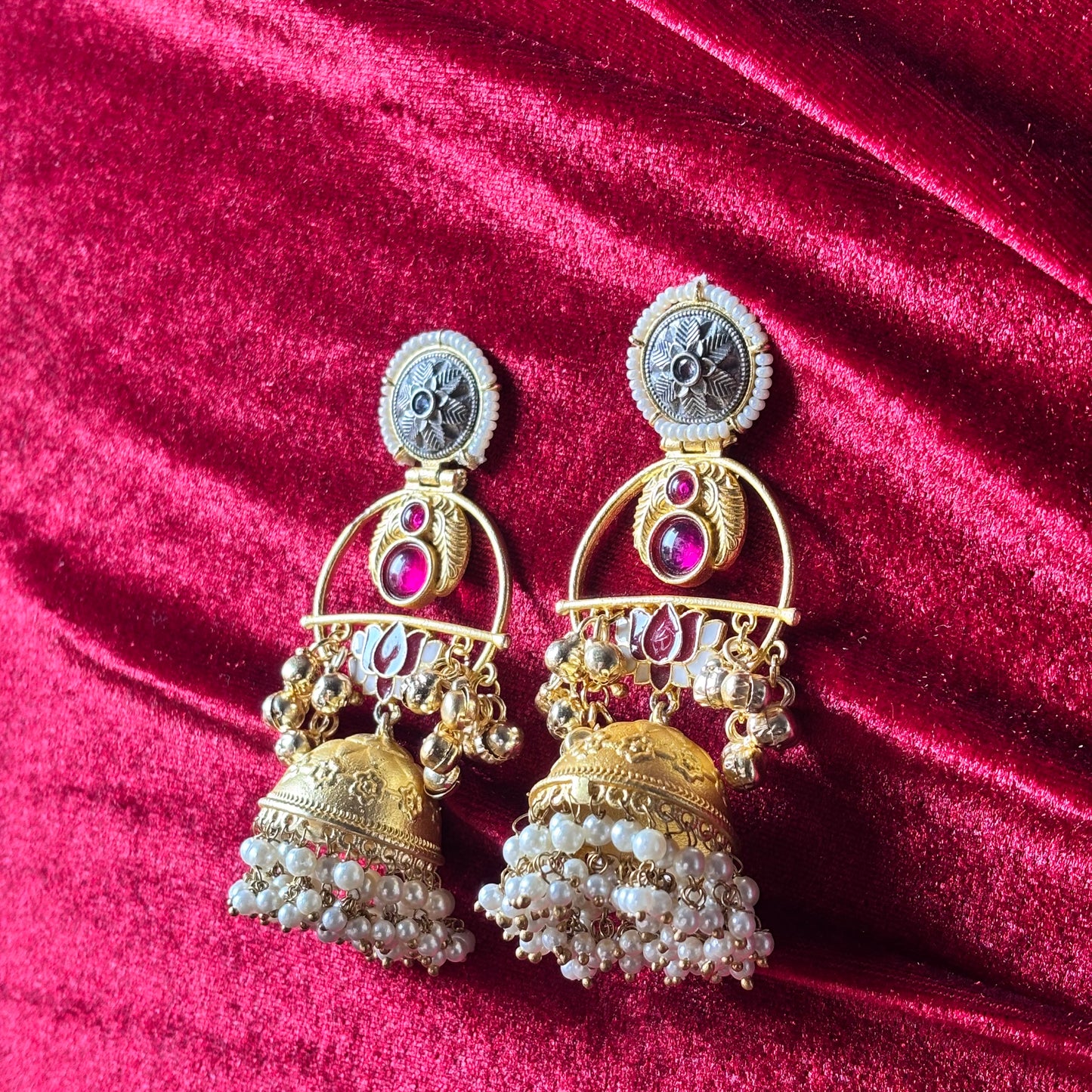 Shan Brass Silver Lotus Jhumka Earrings with Pearl Drops