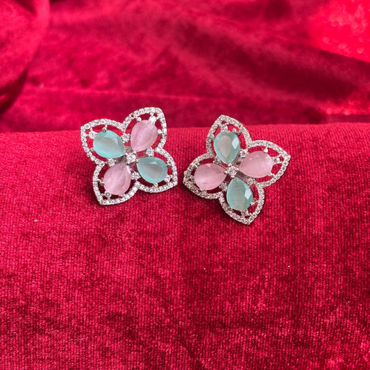 Vespera American Diamond Mint Pink Floral Earrings