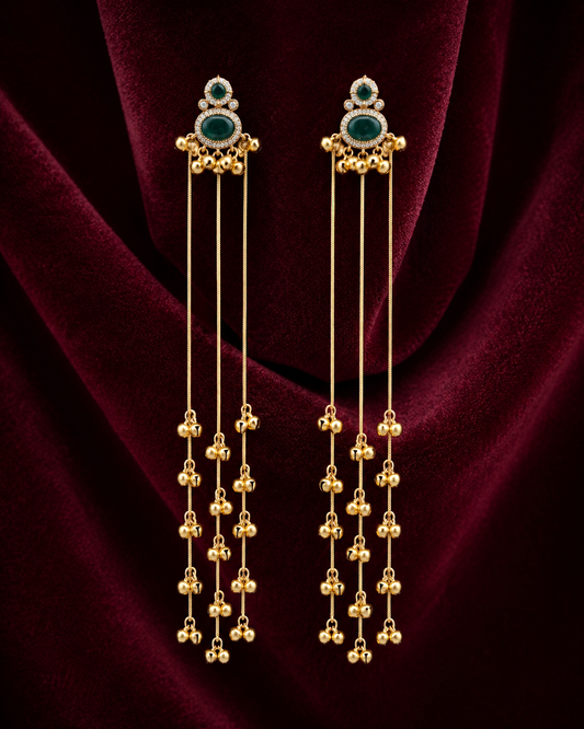 Green Stone Brass Long Chain Ghungroo Tassel Earrings