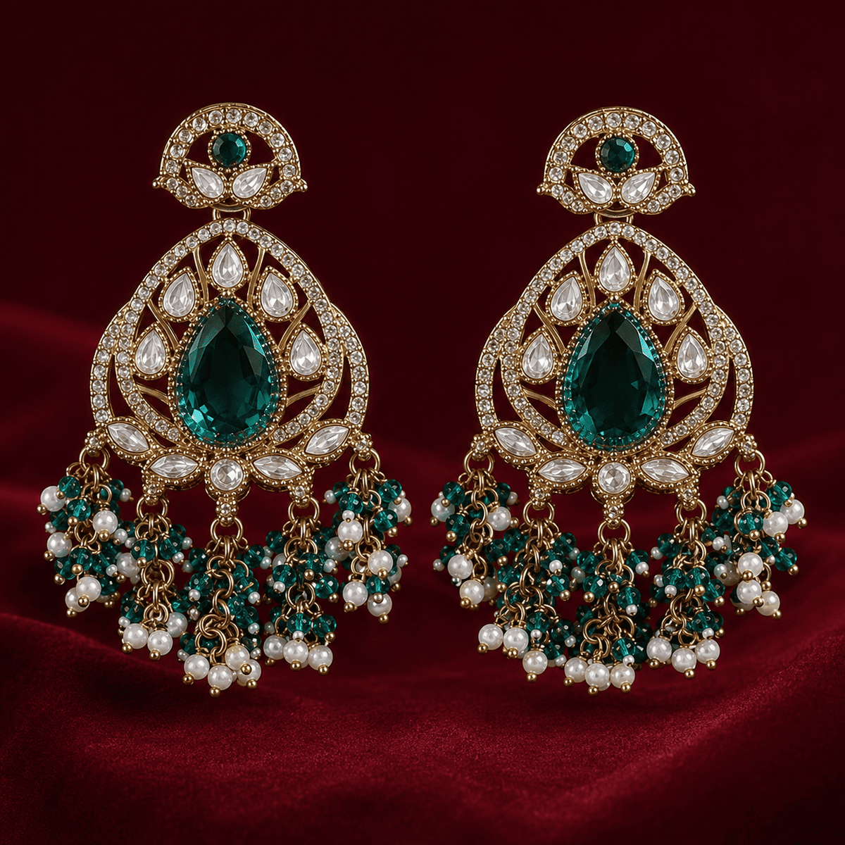 Gold teardrop chandelier earrings with green oval stone, white teardrop rhinestones, pearl bead tassels