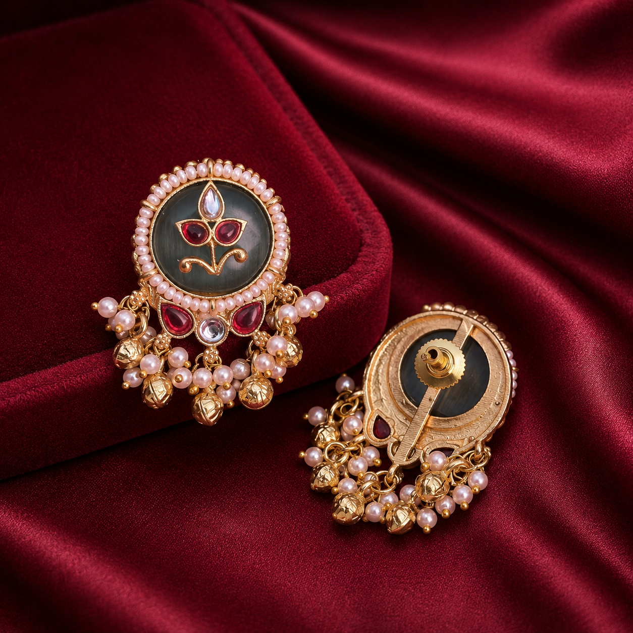 Black Monalisa Stone Brass Ghungroo Stud Earrings