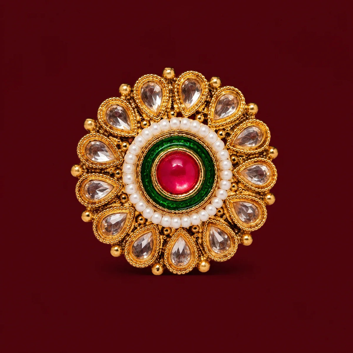Pink Green Meenakari Pearl Brass Statement Ring