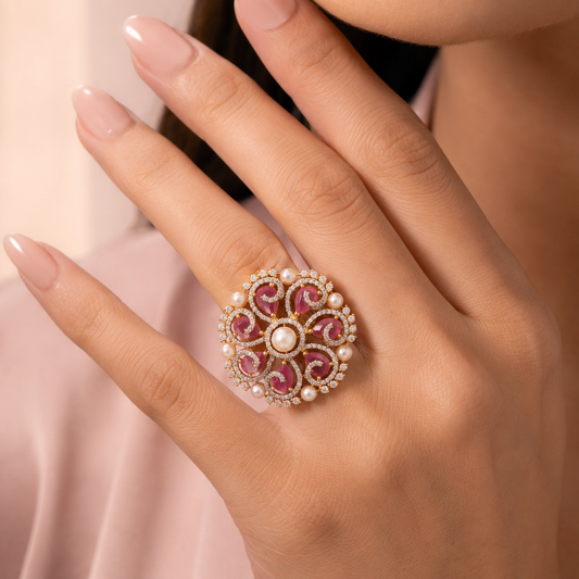 Pink Stone Pearl American Diamond Statement Ring