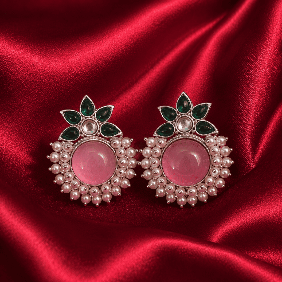 Pink round stud earrings, pearl fringe with green floral teardrop detailing