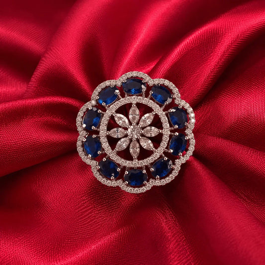 Blue American Diamond Floral Cocktail Ring - Jajra™