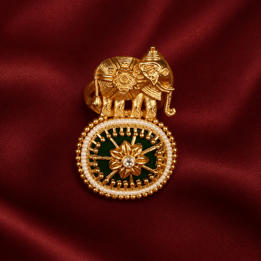 Elephant Motif Meenakari Pearl Brass Adjustable Ring - Jajra™