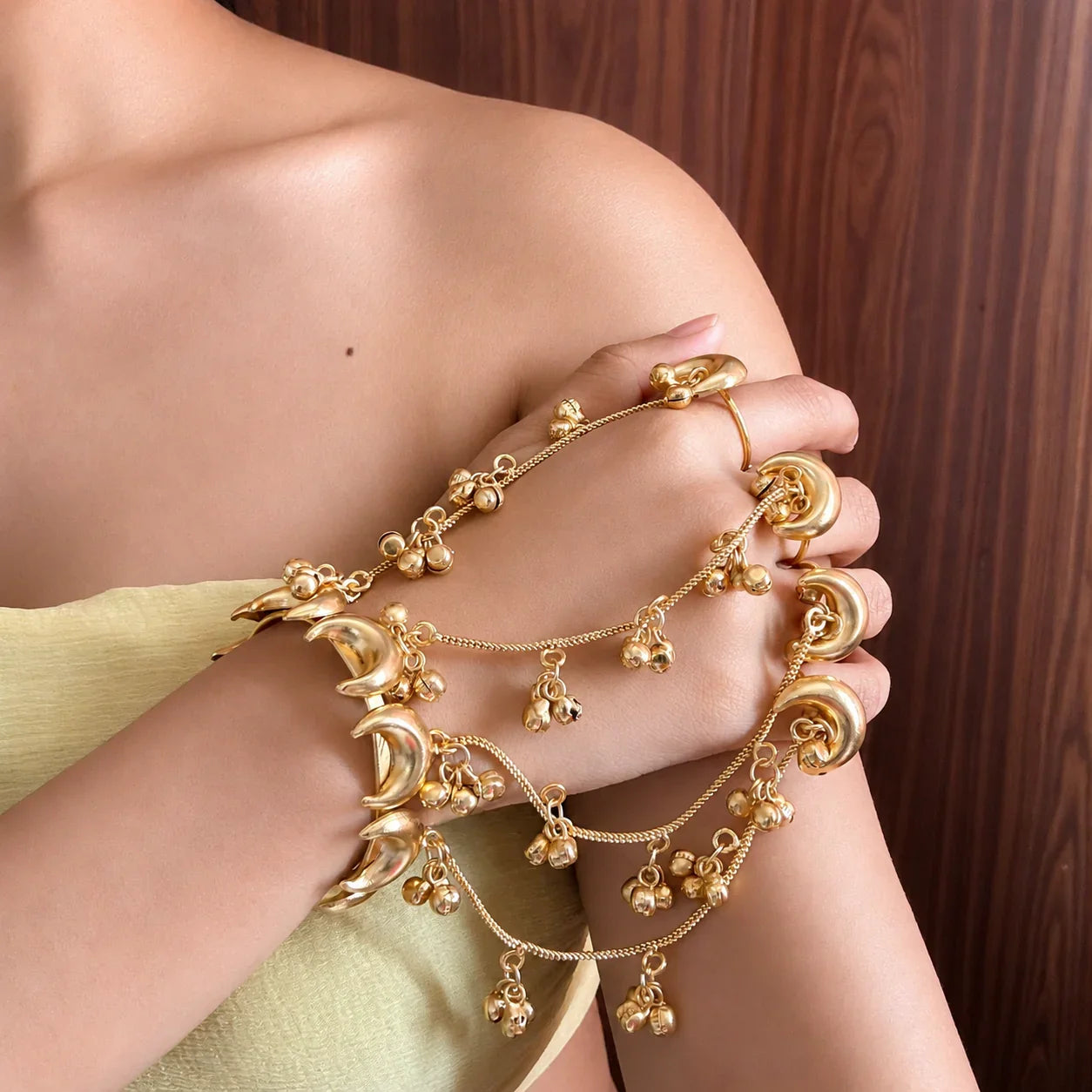 Gold Ghungroo Hathphool Hand Bracelet - Jajra