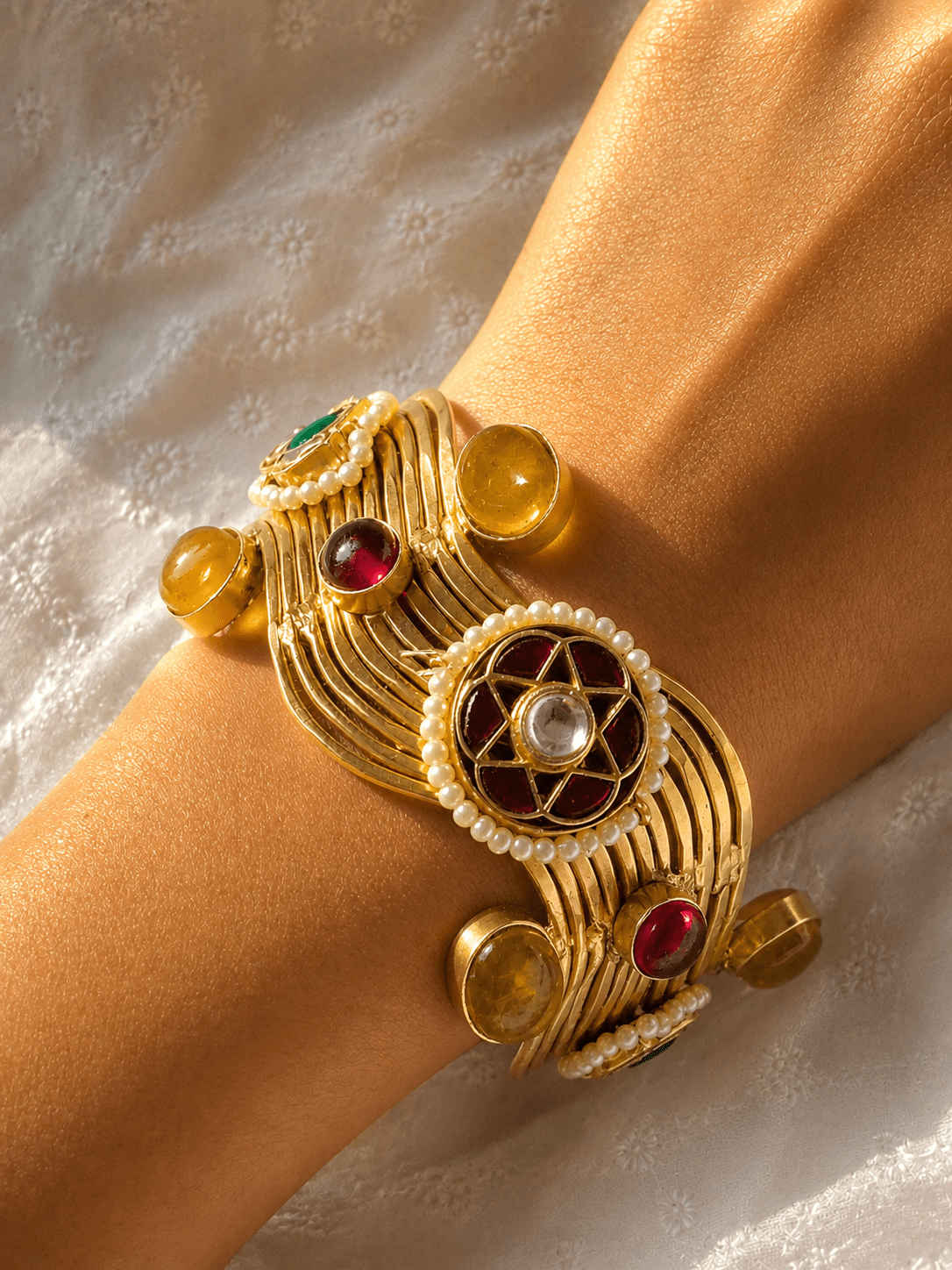 Gold Multicolor Stone Pearl Cuff Bracelet - Jajra