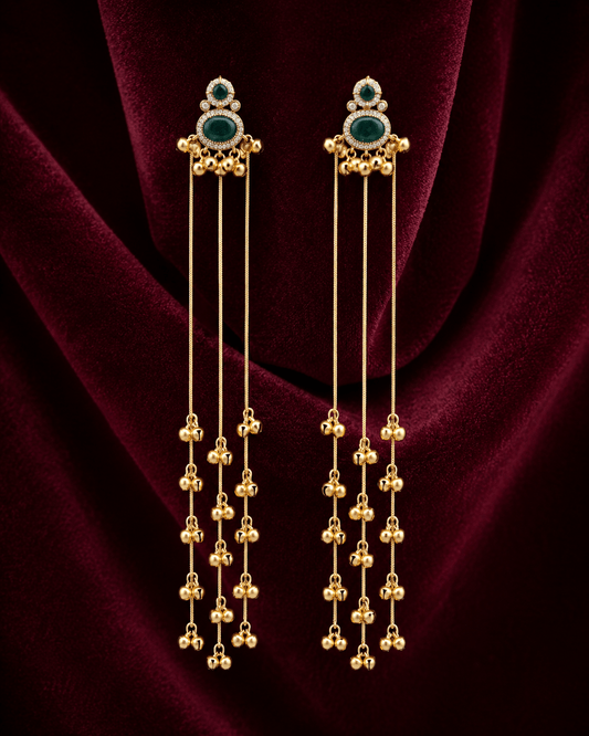 Green Stone Brass Long Chain Ghungroo Tassel Earrings - Jajra™