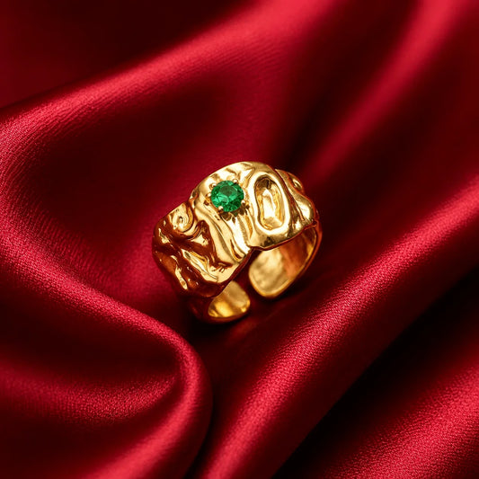 Green Stone Molten Gold Plated Ring - Jajra™