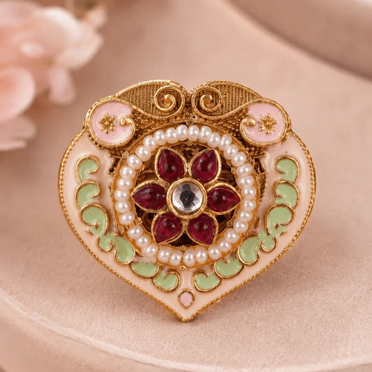 Heart-Shaped Meenakari Pearl Brass Statement Ring - Jajra™