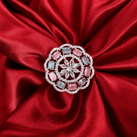 Pink Blue American Diamond Floral Cocktail Ring - Jajra™