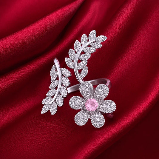 Pink Stone Floral Leaf American Diamond Adjustable Ring - Jajra™