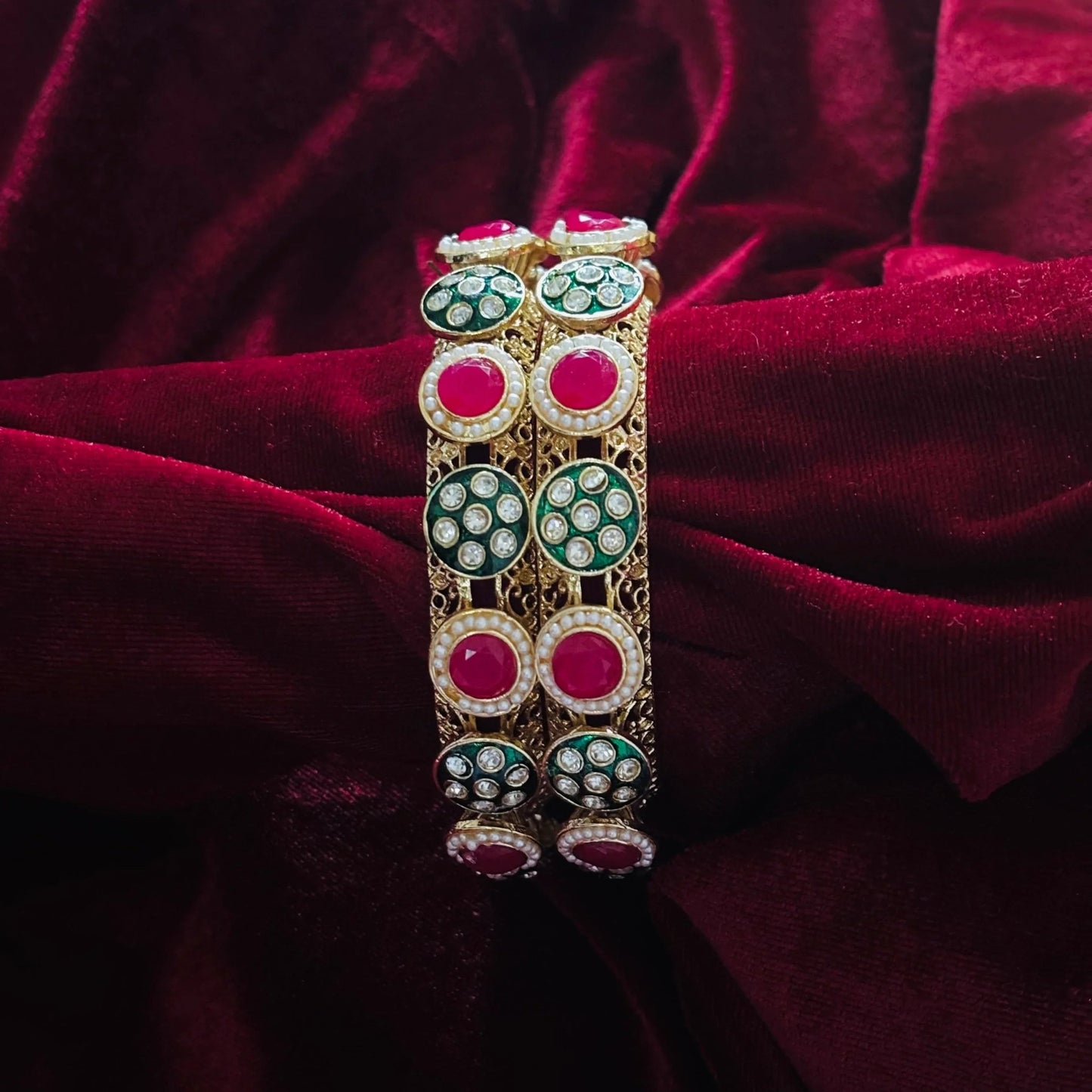 Red Green Kundan Pearl Bangle Pair - Jajra