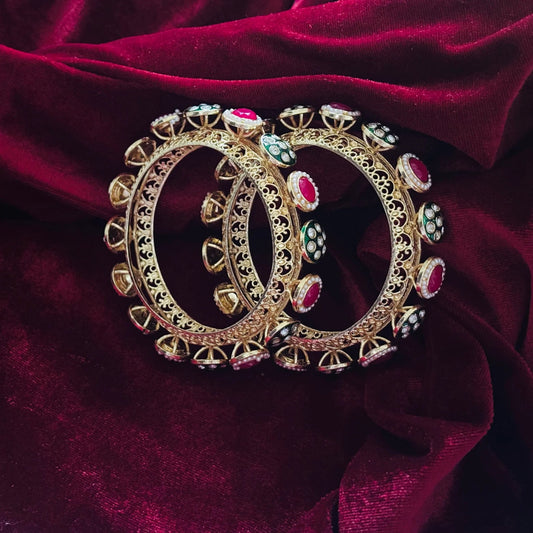 Red Green Kundan Pearl Bangle Pair - Jajra