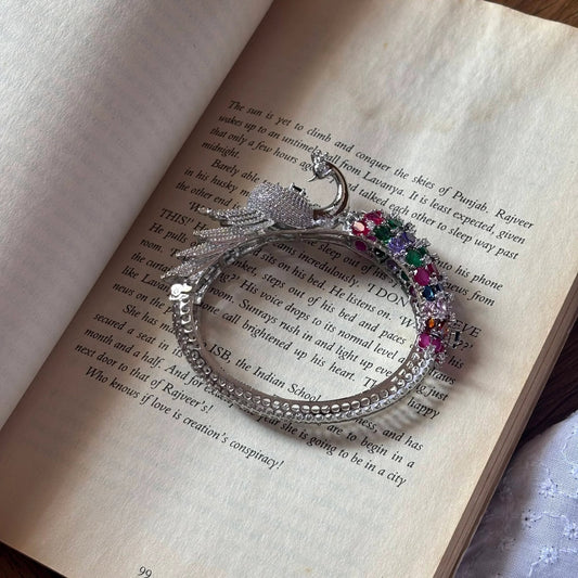 Silver Peacock Multicolor Stone Cuff Bracelet - Jajra