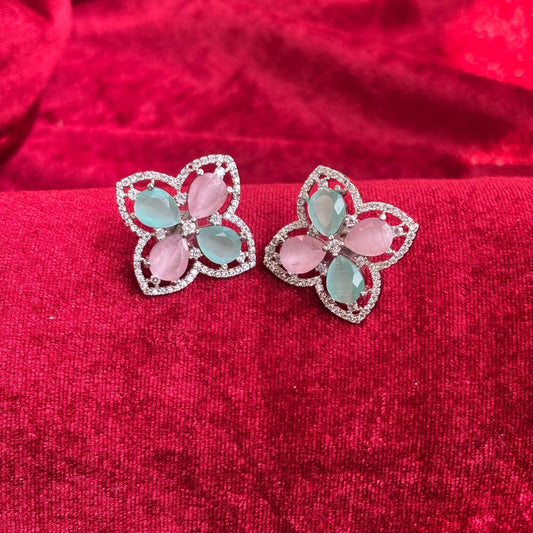 Vespera American Diamond Mint Pink Floral Earrings - Jajra