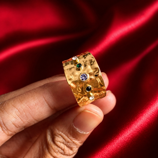18K Gold Plated Multicolour Stone Hammered Band Ring