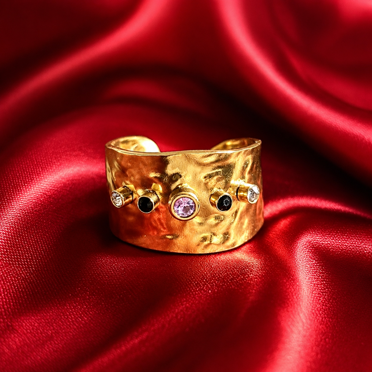 18K Gold Plated Multicolour Stone Hammered Band Ring