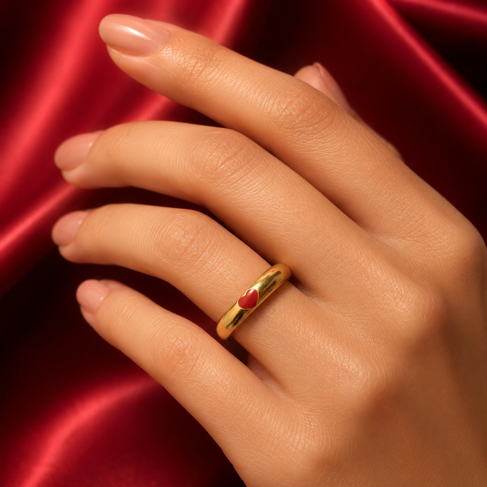 18K Gold Plated Red Heart Band Ring