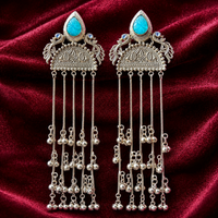 Turquoise cabochon jhumka tassel earrings with long silver-tone dangling chains