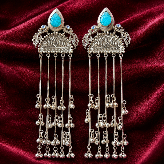 Turquoise cabochon jhumka tassel earrings with long silver-tone dangling chains