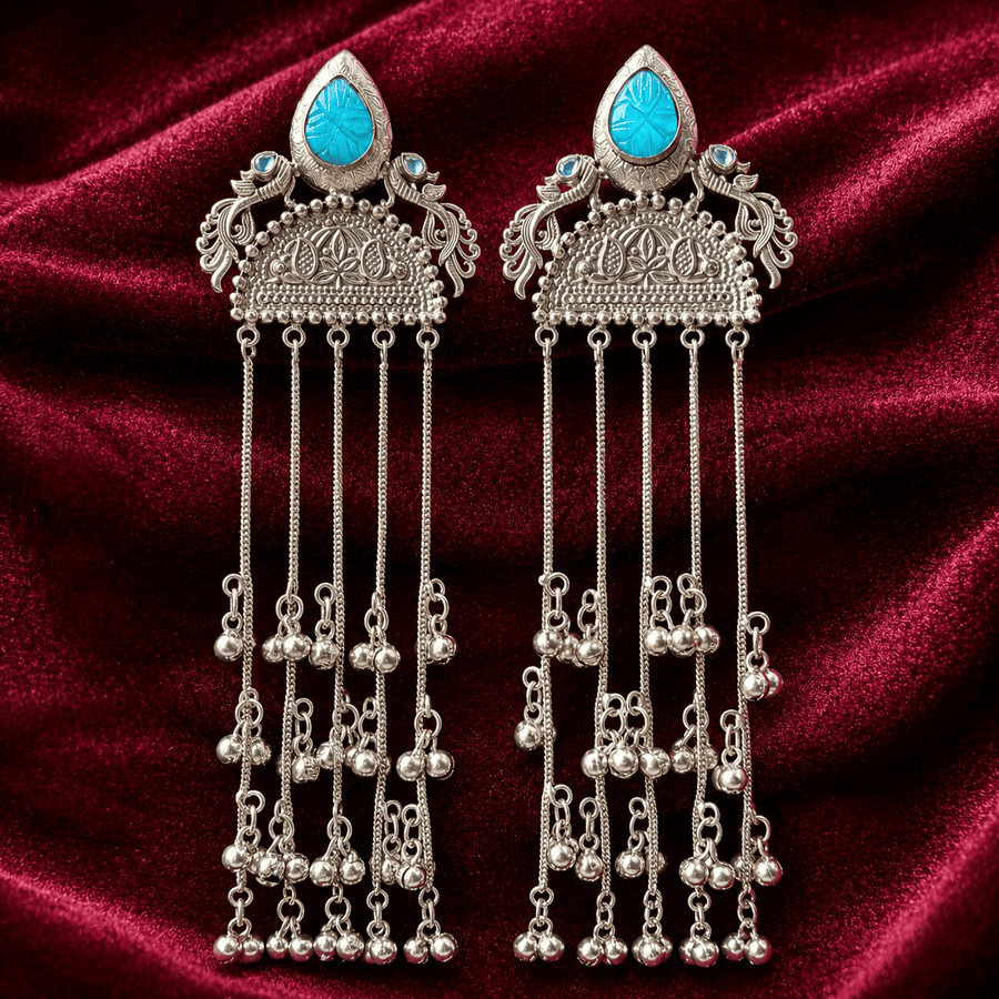 Turquoise Long Tassel Brass Statement Earrings