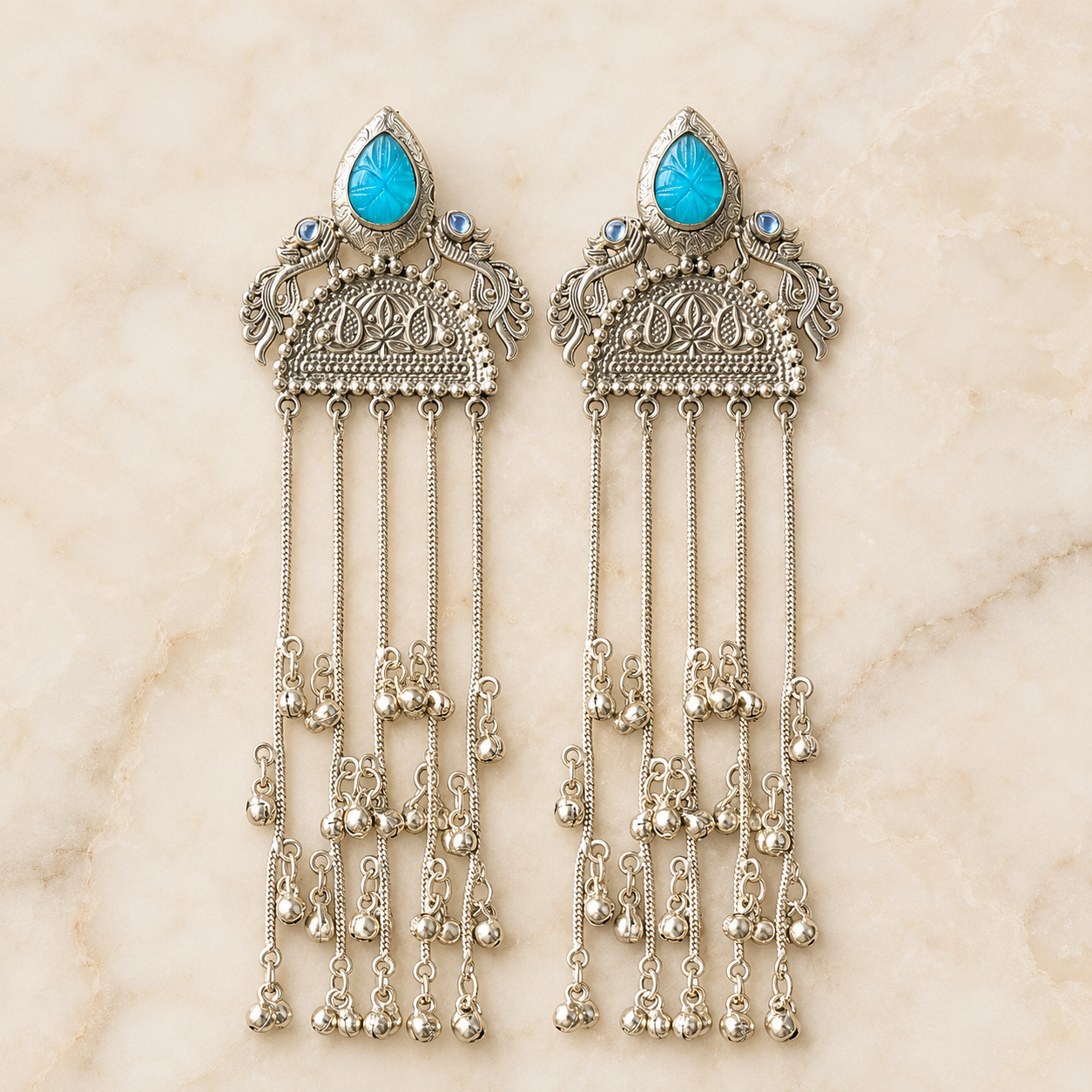 Turquoise cabochon jhumka drop earrings, ornate dome top with long dangling beads