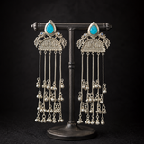Turquoise cabochon long tassel statement earrings with silver-tone fringe chains