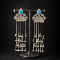 Turquoise cabochon long tassel statement earrings with silver-tone fringe chains
