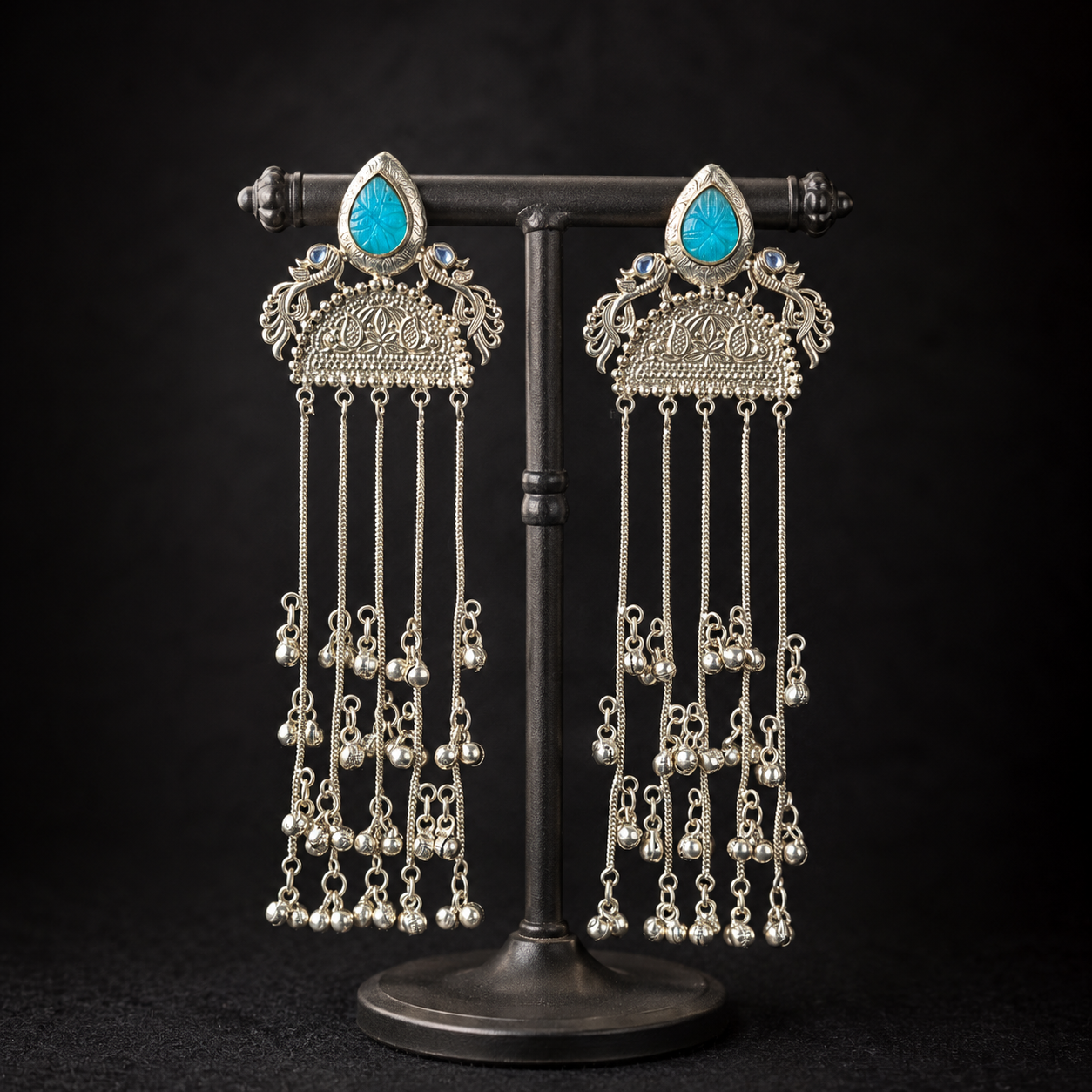 Turquoise cabochon long tassel statement earrings with silver-tone fringe chains