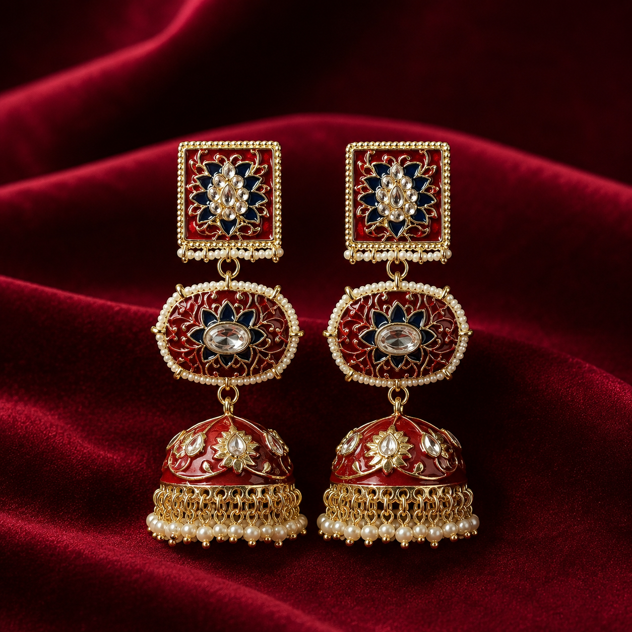 Pitara Kundan Dome-Shaped Jhumki Earrings – Red
