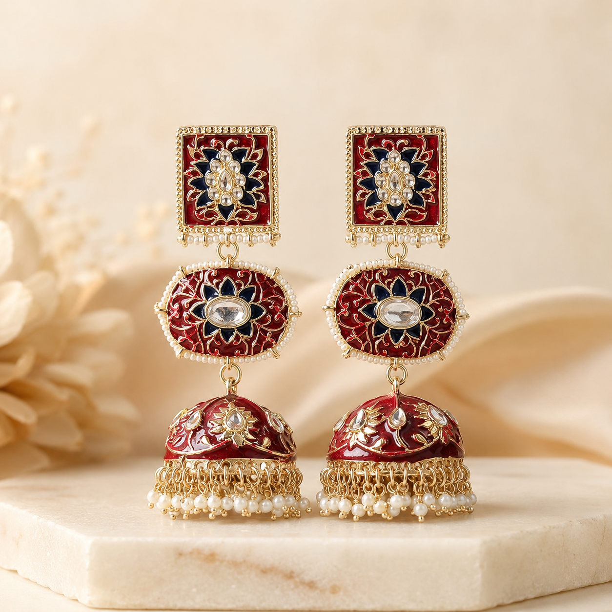 Pitara Kundan Dome-Shaped Jhumki Earrings – Red