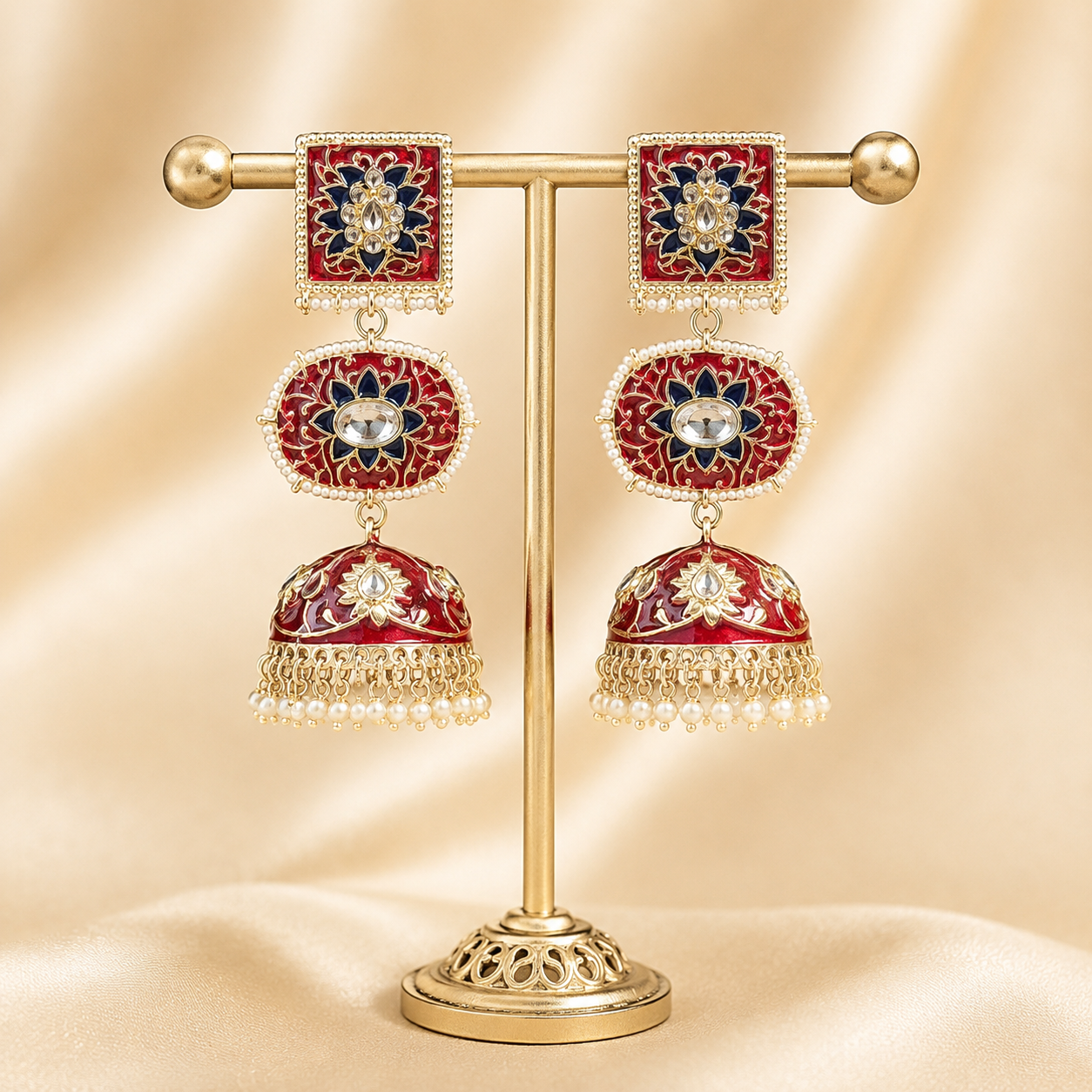 Pitara Kundan Dome-Shaped Jhumki Earrings – Red