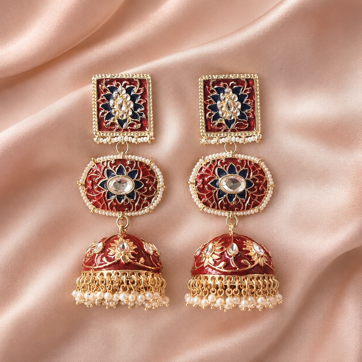 Pitara Kundan Dome-Shaped Jhumki Earrings – Red