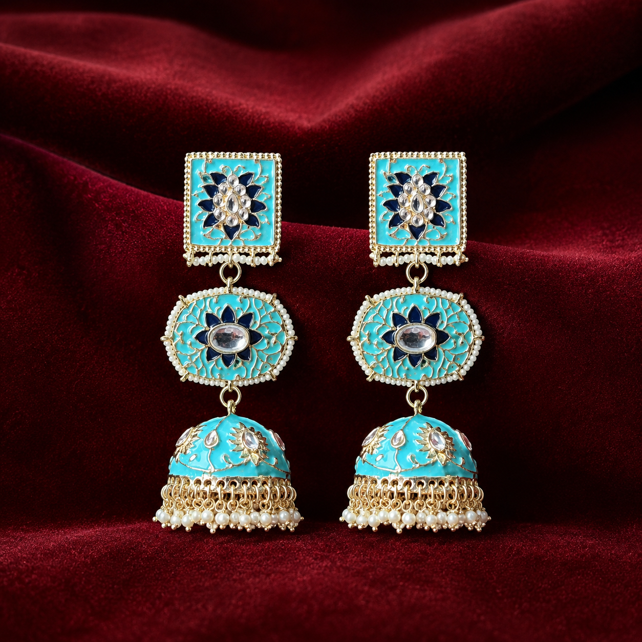 Pitara Kundan Dome-Shaped Jhumki Earrings – Turquoise Blue