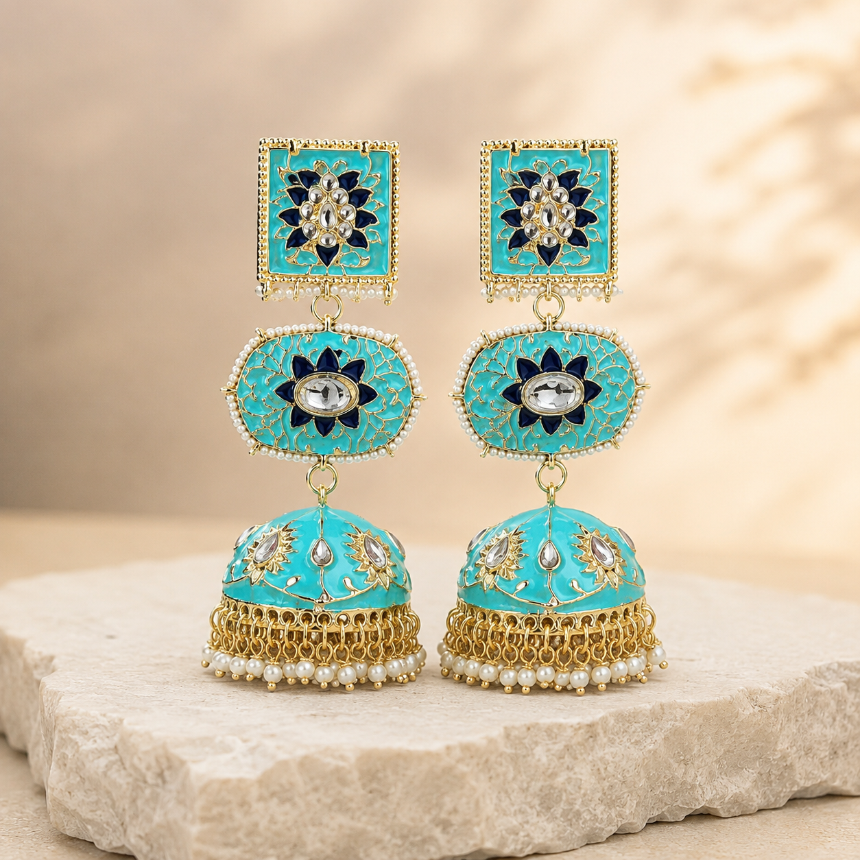 Pitara Kundan Dome-Shaped Jhumki Earrings – Turquoise Blue
