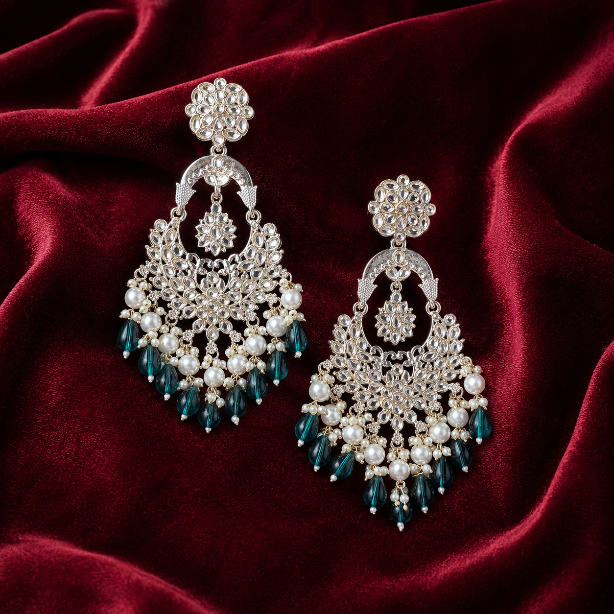 Silver-Toned Kundan Chandbali Earrings with Green Beads and Pearls