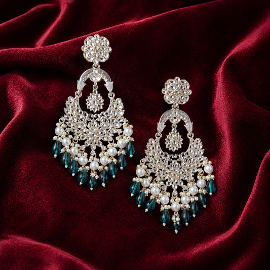 Silver-Toned Kundan Chandbali Earrings with Green Beads and Pearls
