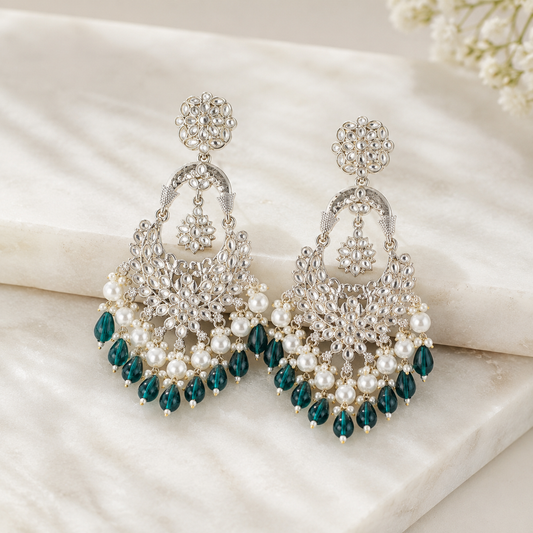 Silver-Toned Kundan Chandbali Earrings with Green Beads and Pearls