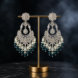 Silver-Toned Kundan Chandbali Earrings with Green Beads and Pearls