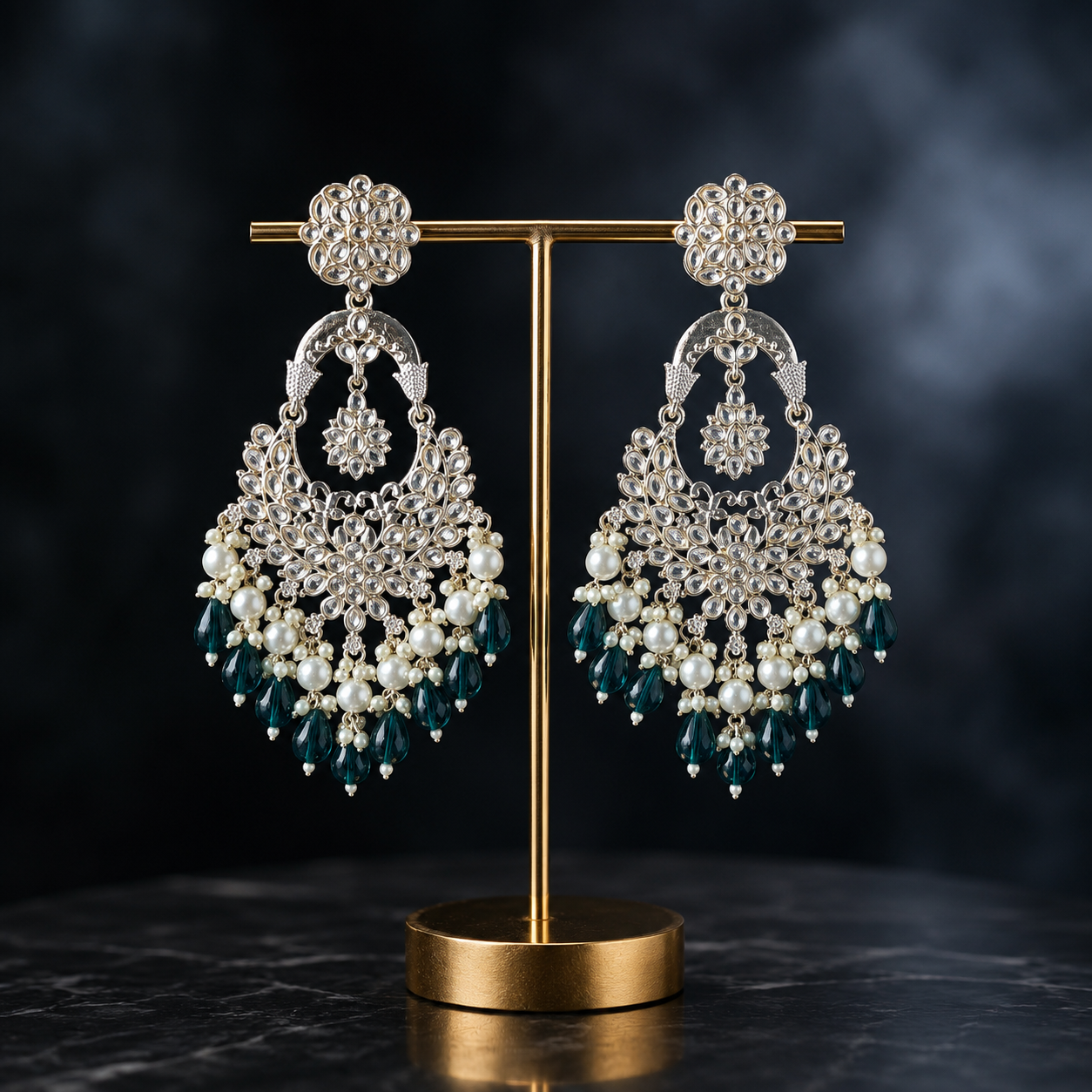 Silver-Toned Kundan Chandbali Earrings with Green Beads and Pearls