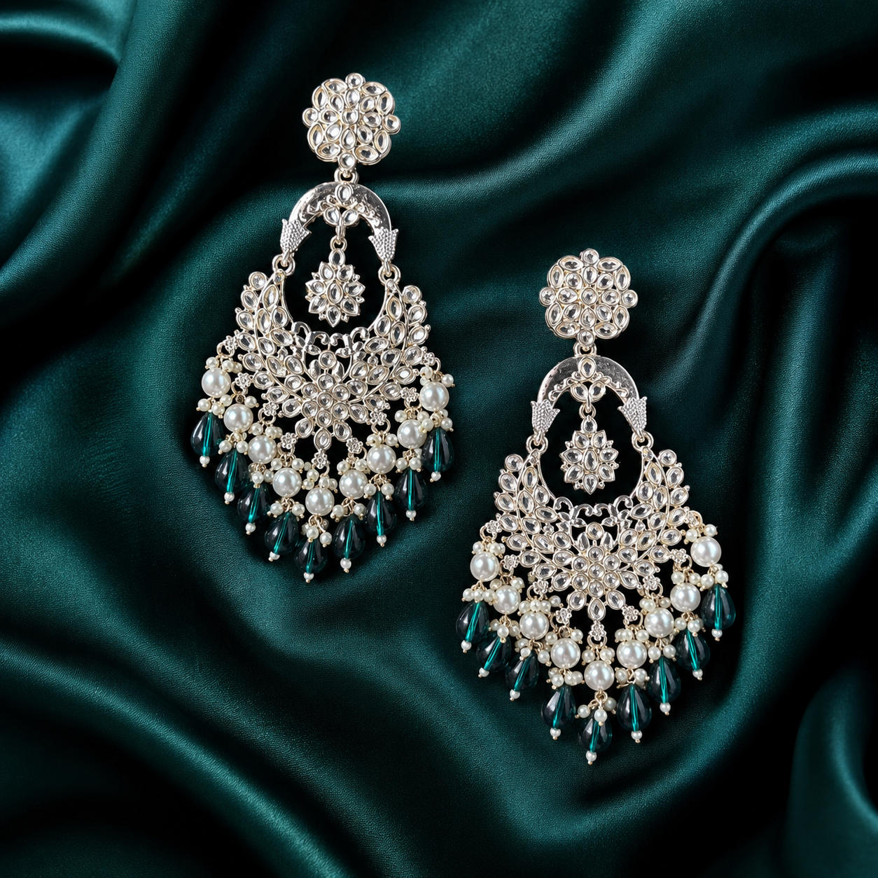 Silver-Toned Kundan Chandbali Earrings with Green Beads and Pearls